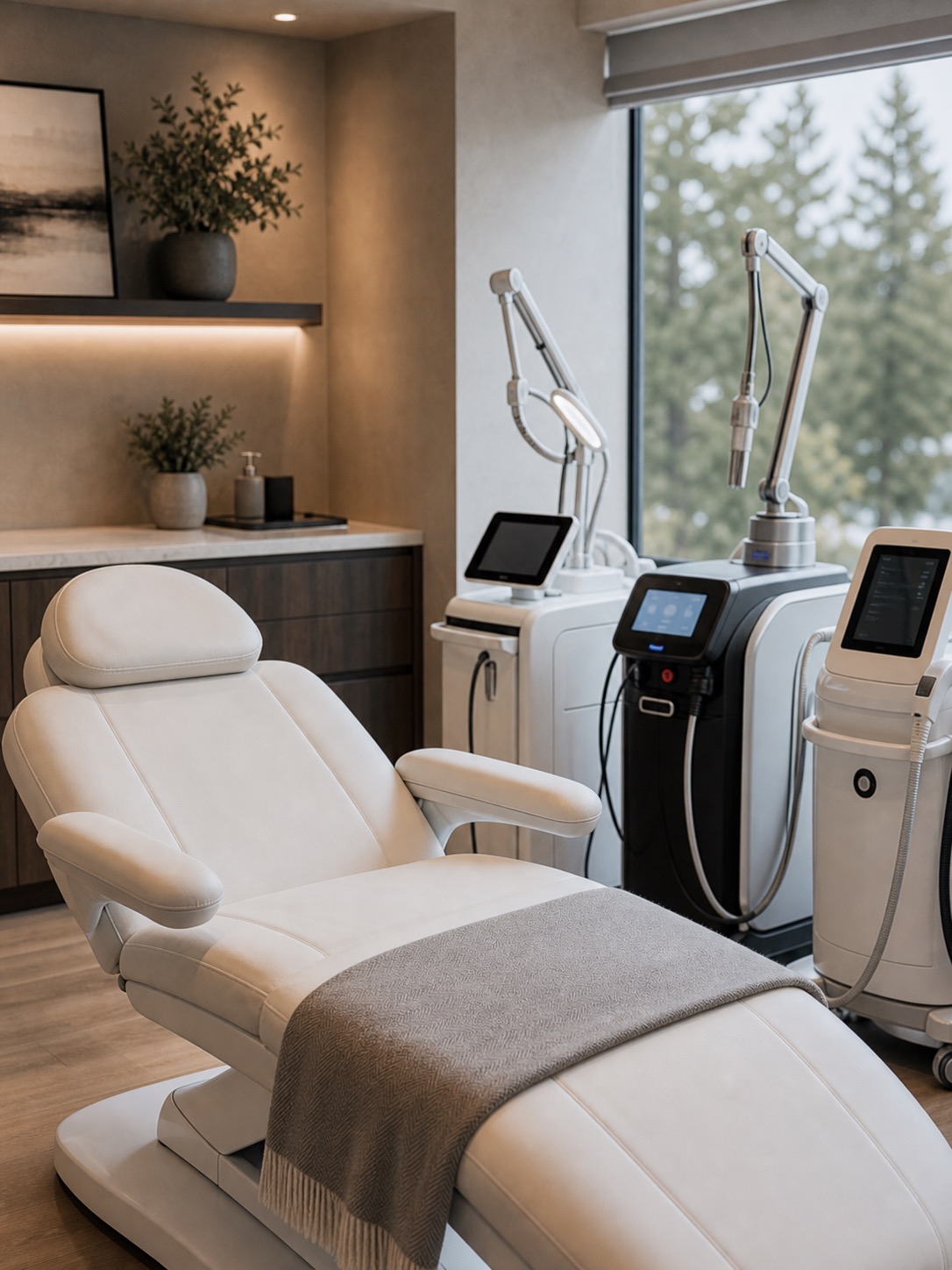 Medical aesthetics treatment room with advanced rejuvenation technology devices